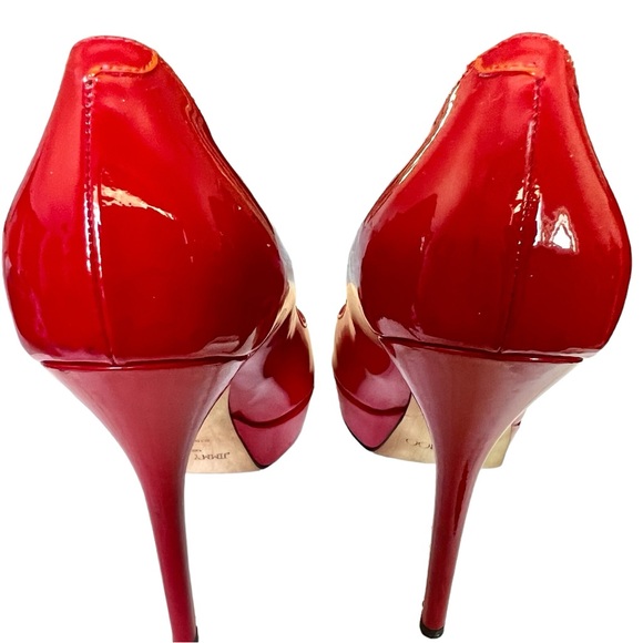 Jimmy Choo London Red Patent Leather Peep Toe Pumps 5” Spike Heels Size 38.5 EU - Picture 2 of 11